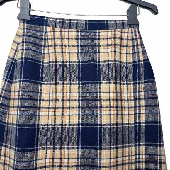 VTG Pendleton 100 % Virgin Wool Plaid Skirt 9/10 Blue Tan A-Line Midi USA Preppy - Picture 4 of 12